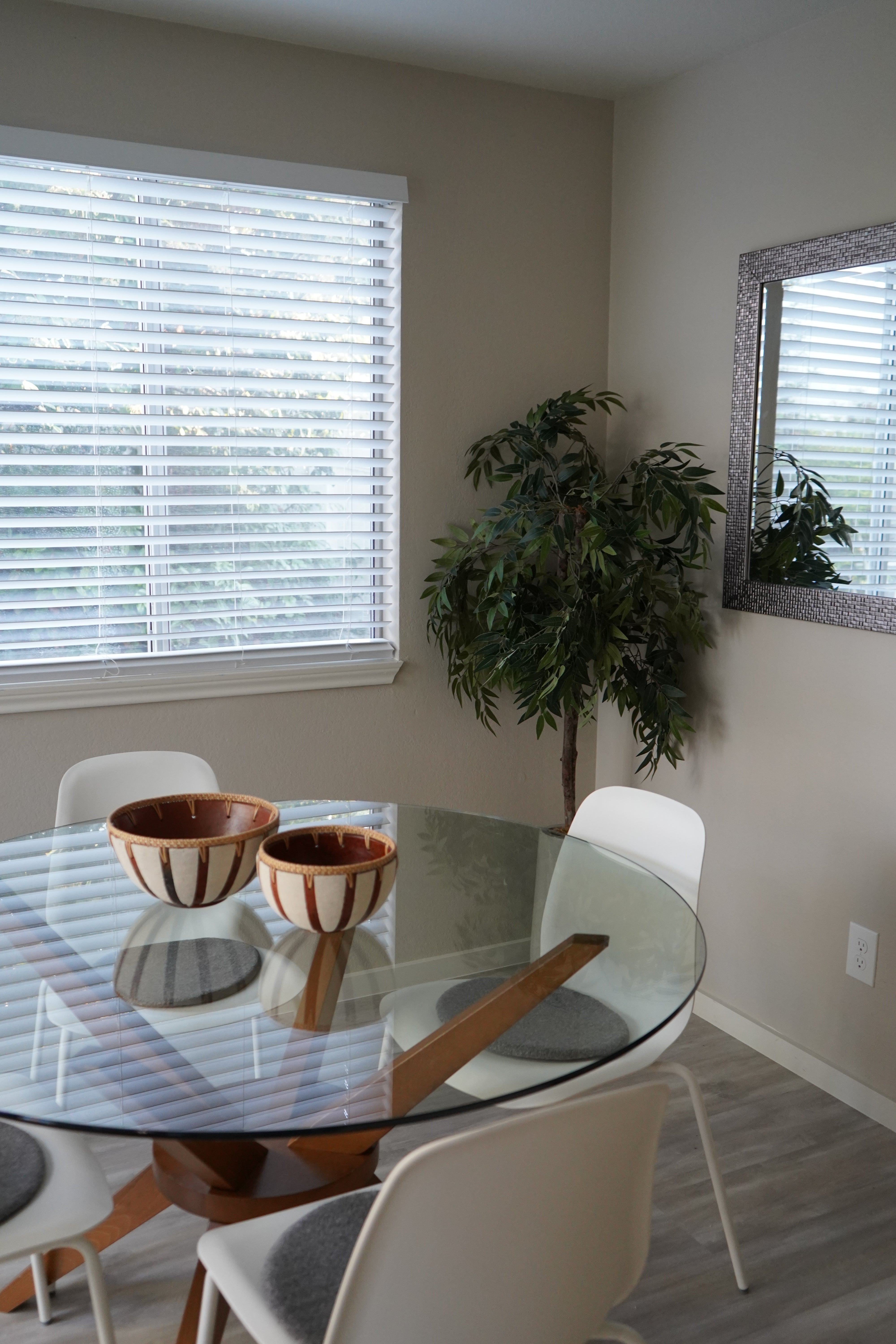 Dining area with a glass table, chairs, and a plant near a window.